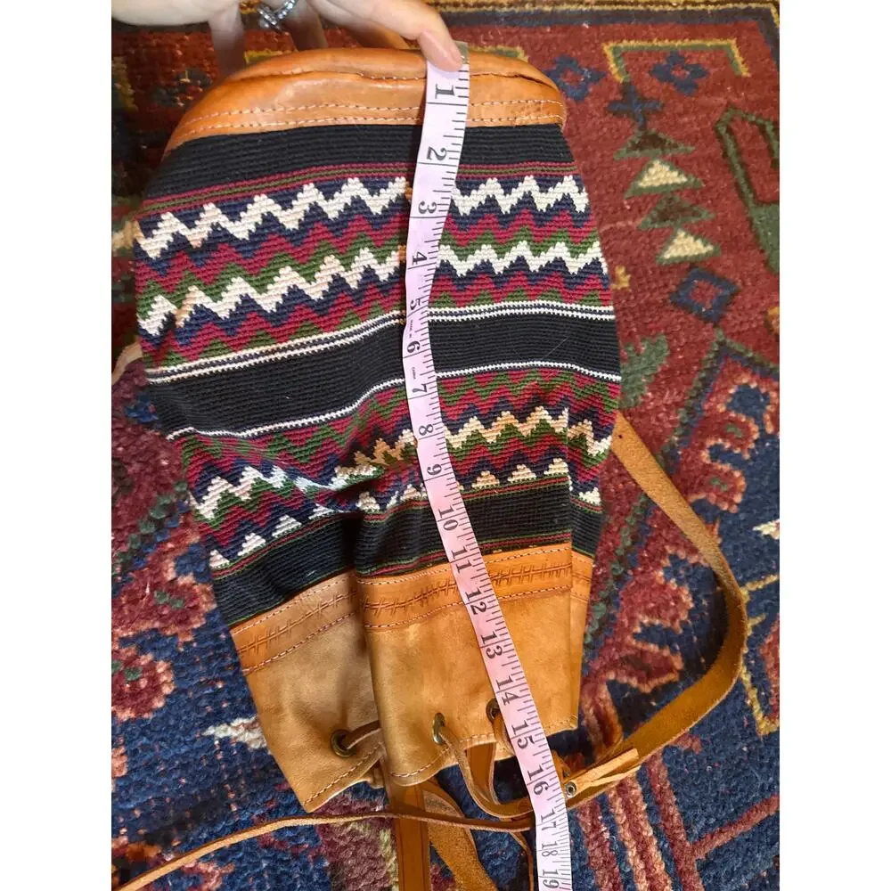 VINTAGE BACKPACK HAND WOVEN WOOL KILIM TOOLED LEATHER SLING PURSE TOTE BAG